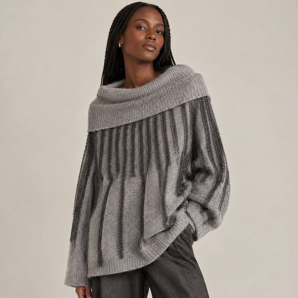 Le Maglie di Sofia Italian Gray Mohair Blend Striped Knit Sweater M Minimalist